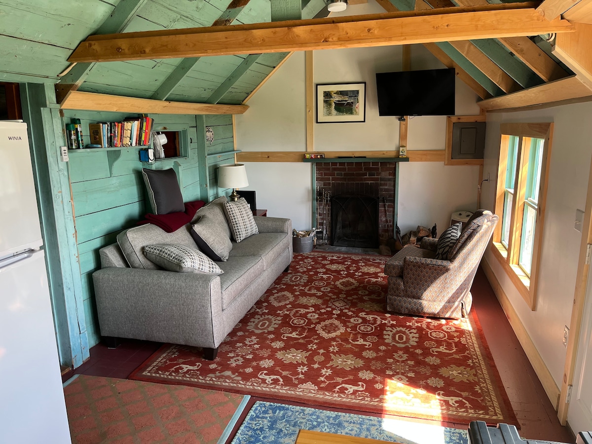 A cozy living area features a comfortable gray sofa and an armchair, set against a backdrop of warm wood beams and turquoise walls. A patterned rug lies on the floor, while a fireplace and a television provide inviting focal points.