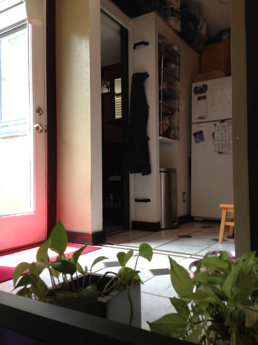 Front door. Kitchen. Bathroom.