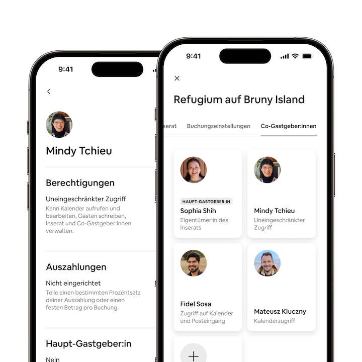 Die Airbnb-App zeigt die neuen Funktionen „Berechtigungen für Co-Gastgeber:innen“ und „Auszahlungen an Co-Gastgeber:innen“.