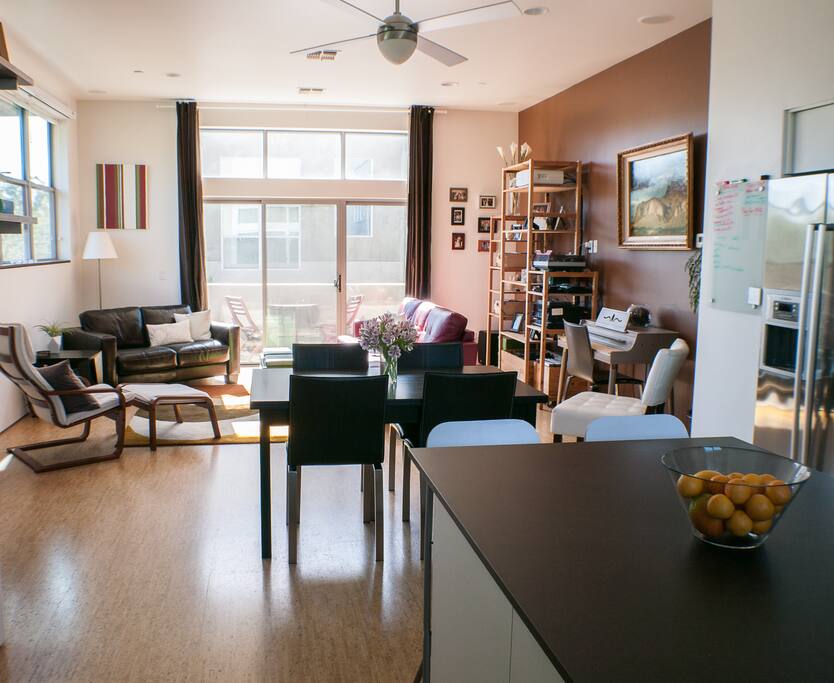 2nd floor is one big open space with kitchen and living room, cork flooring