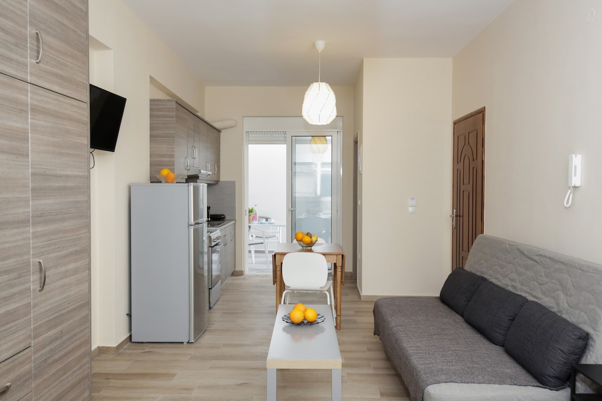 The open-plan studio features a modern kitchenette with stainless steel appliances, a dining table with fresh fruit, and a comfortable sofa bed. Soft natural light fills the space through sliding glass doors leading to an outdoor area, creating a bright and inviting environment.
