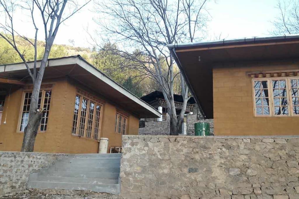 two bungalows side by side in the woods.