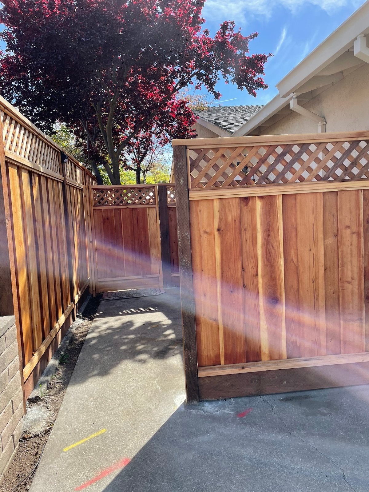 A pathway leads through wooden fences, creating a private outdoor area. Lush red foliage from a tree adds color to the scene under a clear blue sky. The ground is paved, providing a stable surface for walking.