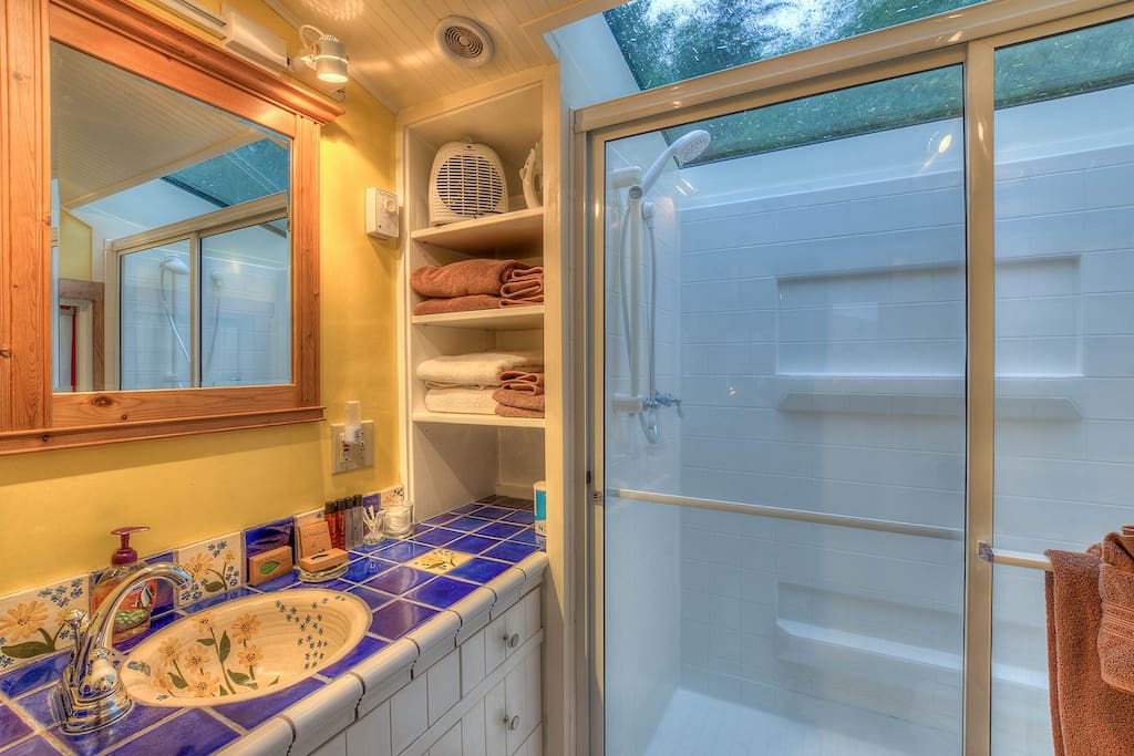 Custom tiles bathroom with a shower for two built into the skylight