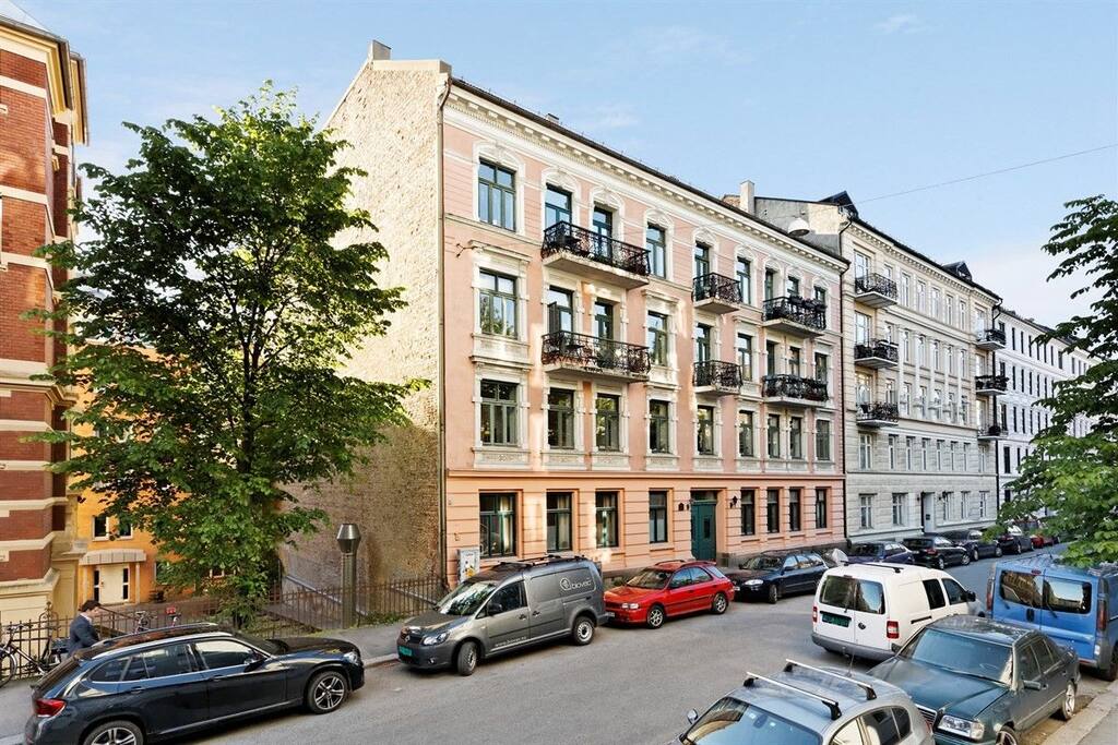 Pink building in a quiet street
