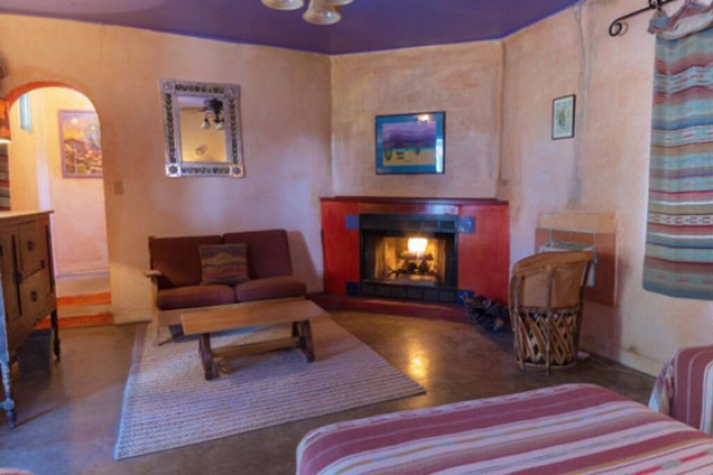 Fireplace with sitting area.