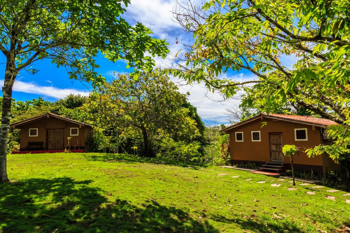 Two bungalows are nestled amidst lush greenery, featuring earthy colors and wooden doors. A well-maintained grassy area surrounds the structures, with steps leading to each entrance. Tall trees and a bright blue sky enhance the natural setting.