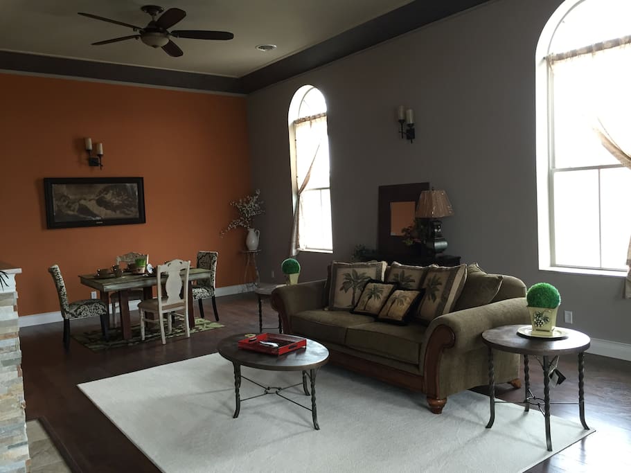 Great room Very large and open 35' by 20' with 15 foot ceilings and 10 ' high windows with great views of the Illinois river and the Abraham Lincoln Bridge