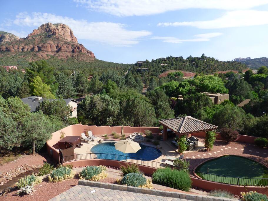 Fabulous private pool area with stunning views, bbq, salt water pool, hot tub, and putting green