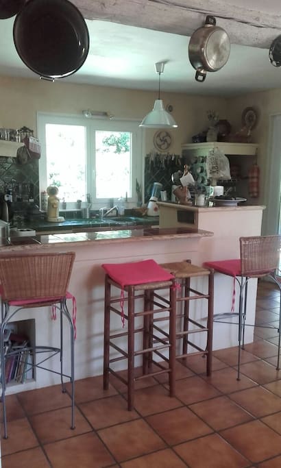Cuisine américaine ouvrant sur la terrasse côté piscine et parc