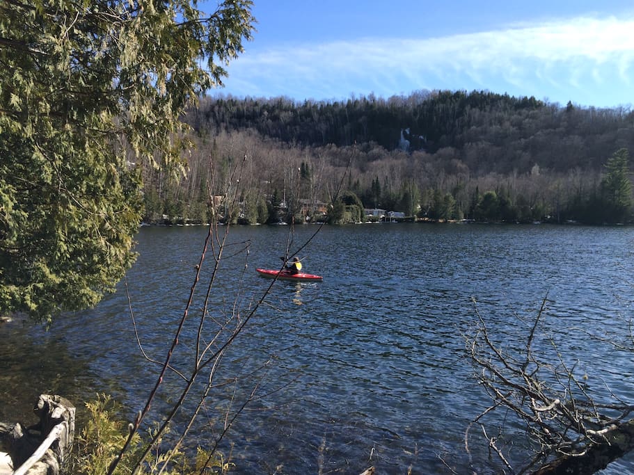 Kayaking on the lake in spring.