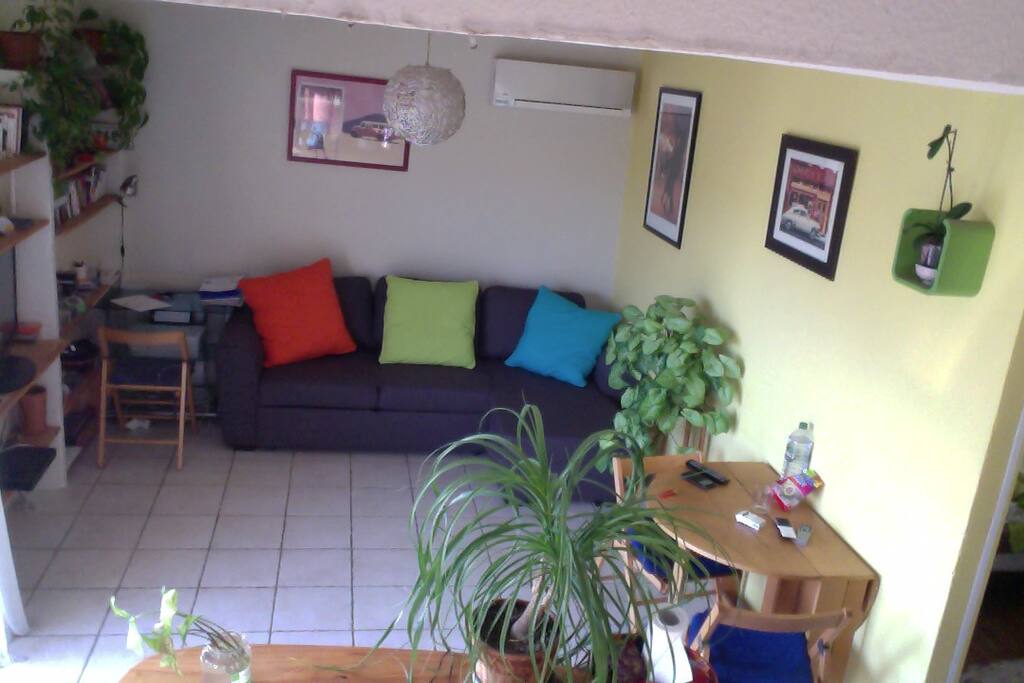 salon spacieux avec télé et canapé de couchage