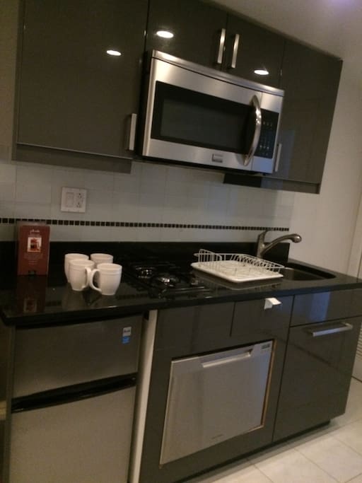 kitchen with stove, microwave/convection oven, dishwasher, and frig