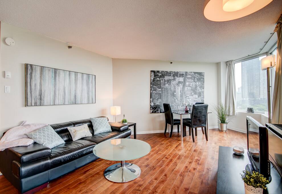 Living space. Couch can comfortably sleep a third person.