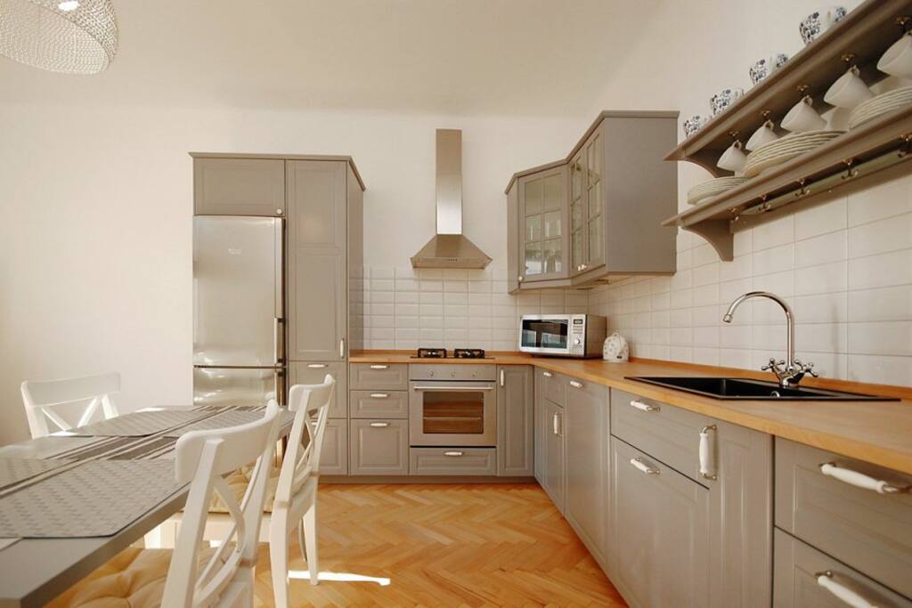 Kitchen and living room.