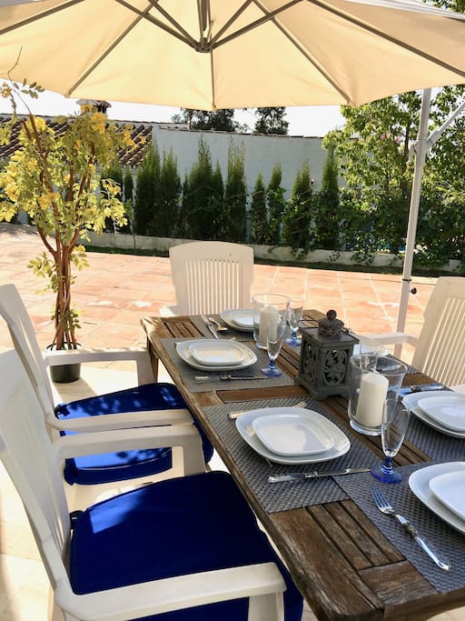 Outdoor dining table for evening dinner or pool-side lunch, seats 6