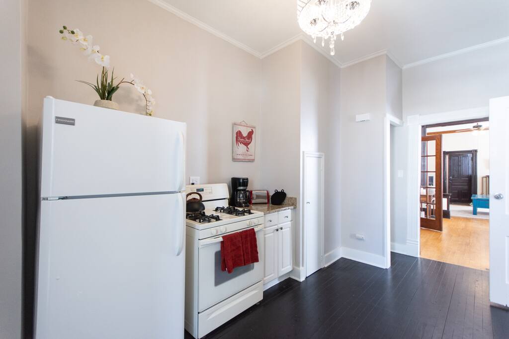 The kitchen is stocked with cooking supplies and appliances. The coffee is good too :)