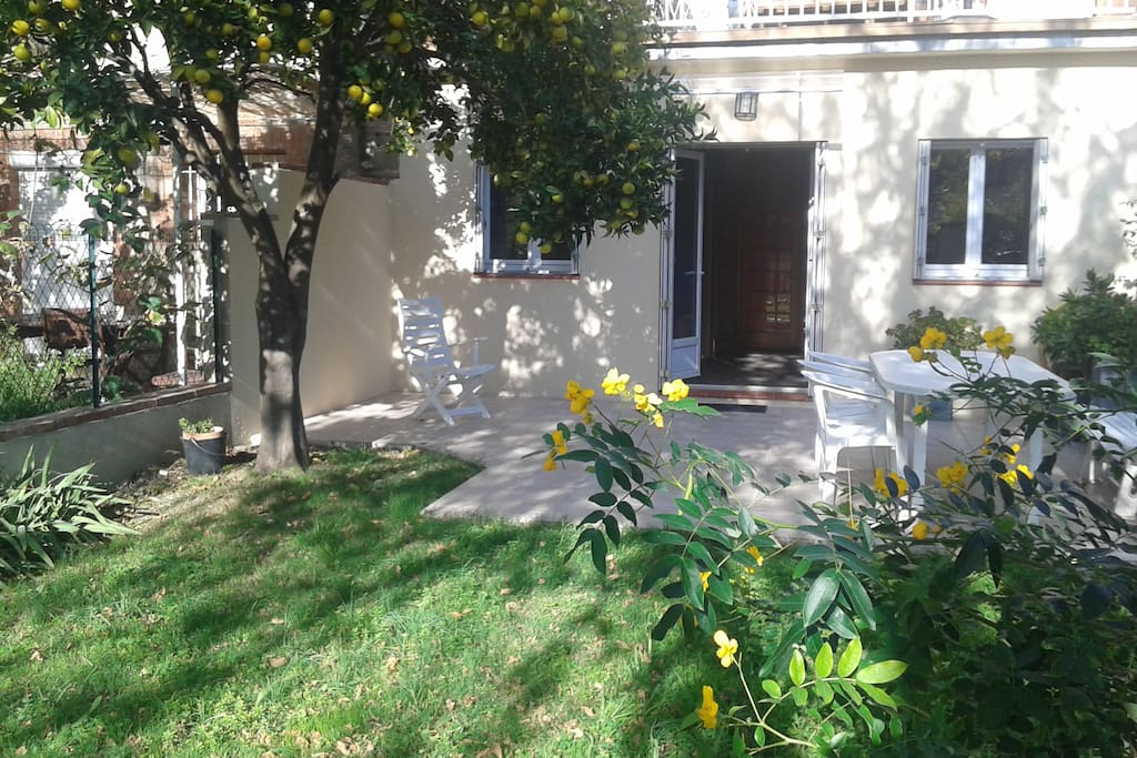 Le studio vu du jardin, la terrasse est ombragée par notre oranger