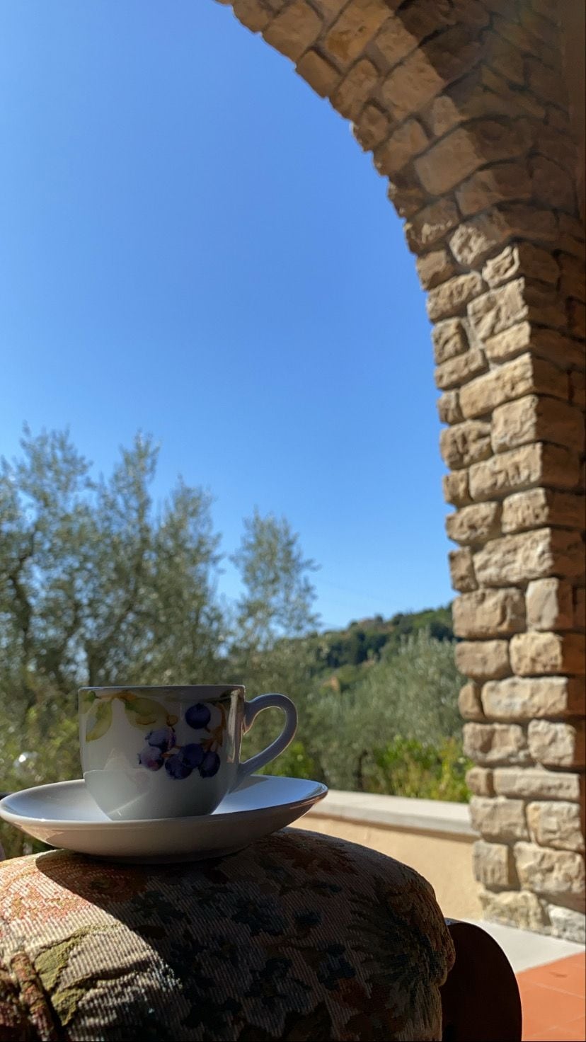 A cup of coffee with a floral design rests on a saucer, positioned on a textured surface. In the background, lush olive trees and rolling hills are visible under a clear blue sky, framed by an arched stone structure.