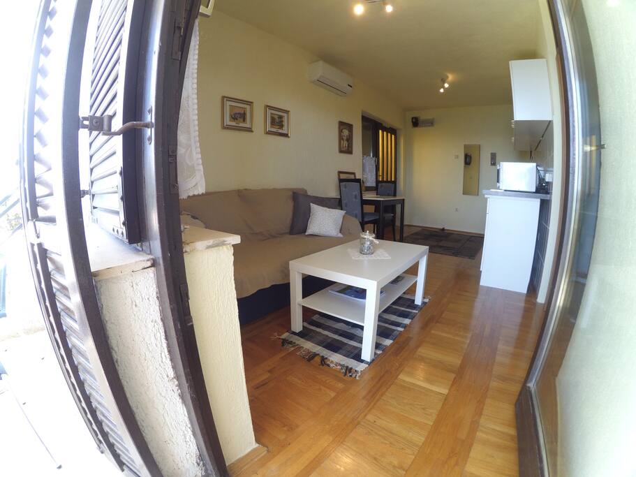 View into apartment from terrace