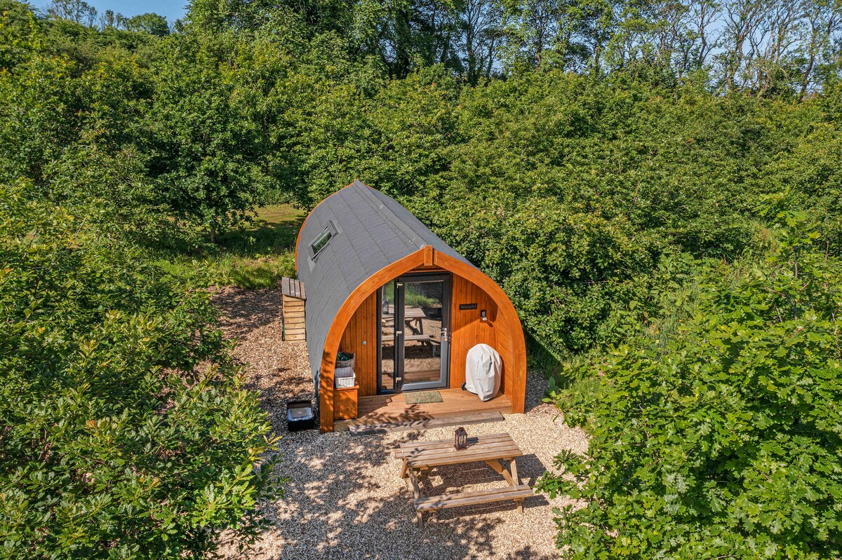 The glamping pod is nestled among lush greenery, featuring a curved wooden exterior with large glass doors. A picnic table is positioned outside on gravel, providing an outdoor space for relaxation and dining. The surrounding trees contribute to a sense of privacy.