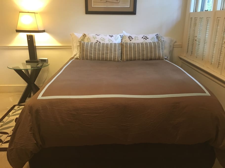 Spacious queen bed. Room is very bright with great sunlight. Features a large wall flat screen TV.