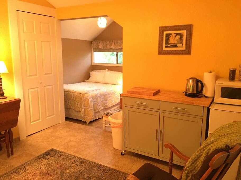 Kitchenette includes electric pot for eggs, soup, pasta, veggies, etc; microwave; toaster; rice cooker; crockpot; water kettle, fridge