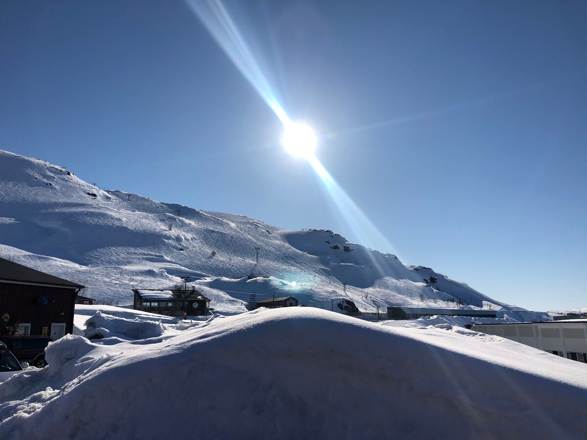 A panoramic view of a snow-covered mountain is depicted under a clear blue sky. The sun shines brightly, illuminating the snow-laden landscape. The foreground features rounded snow drifts, while distant buildings are partially visible against the backdrop of the serene mountain slopes.