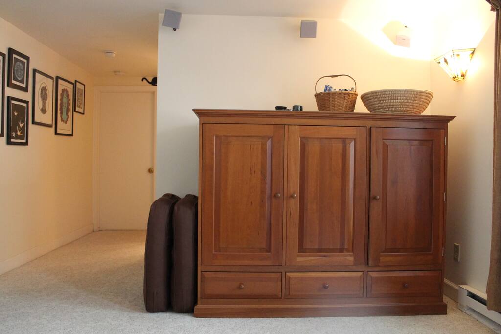 Cabinet houses TV + audio.