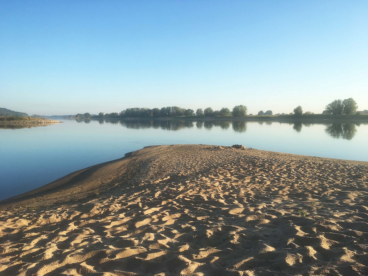A tranquil river scene is depicted, featuring gently rippling water reflecting a clear sky. The sandy shore creates a calm beach area, bordered by trees along the riverbanks. Soft sand patterns are visible, suggesting a peaceful environment ideal for relaxation and exploration.