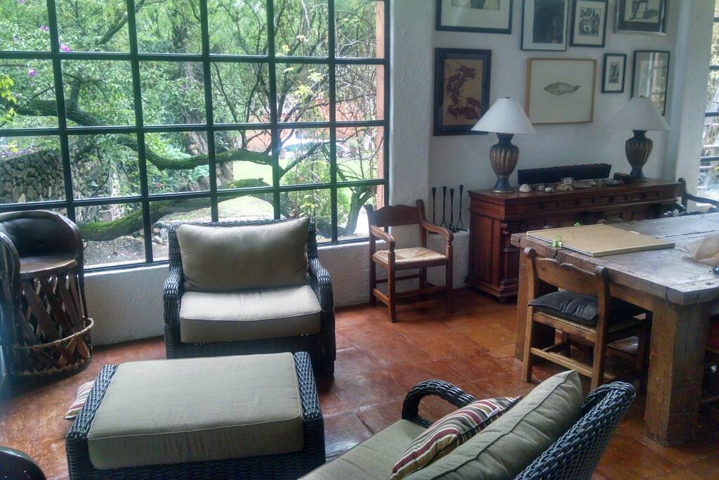 lounge area in front of chimney