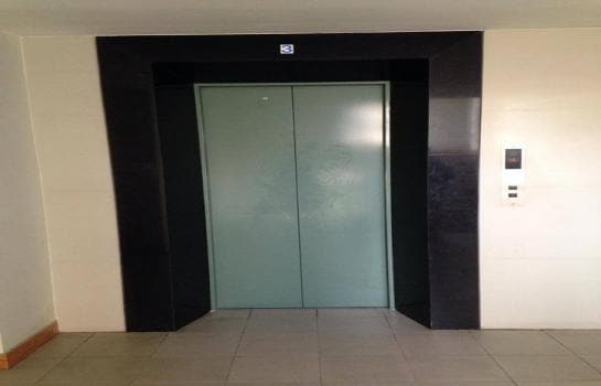 An elevator entrance is shown, featuring a green door set within a dark border. The surrounding walls are light-colored, and a control panel is positioned to the right, offering easy access to services.