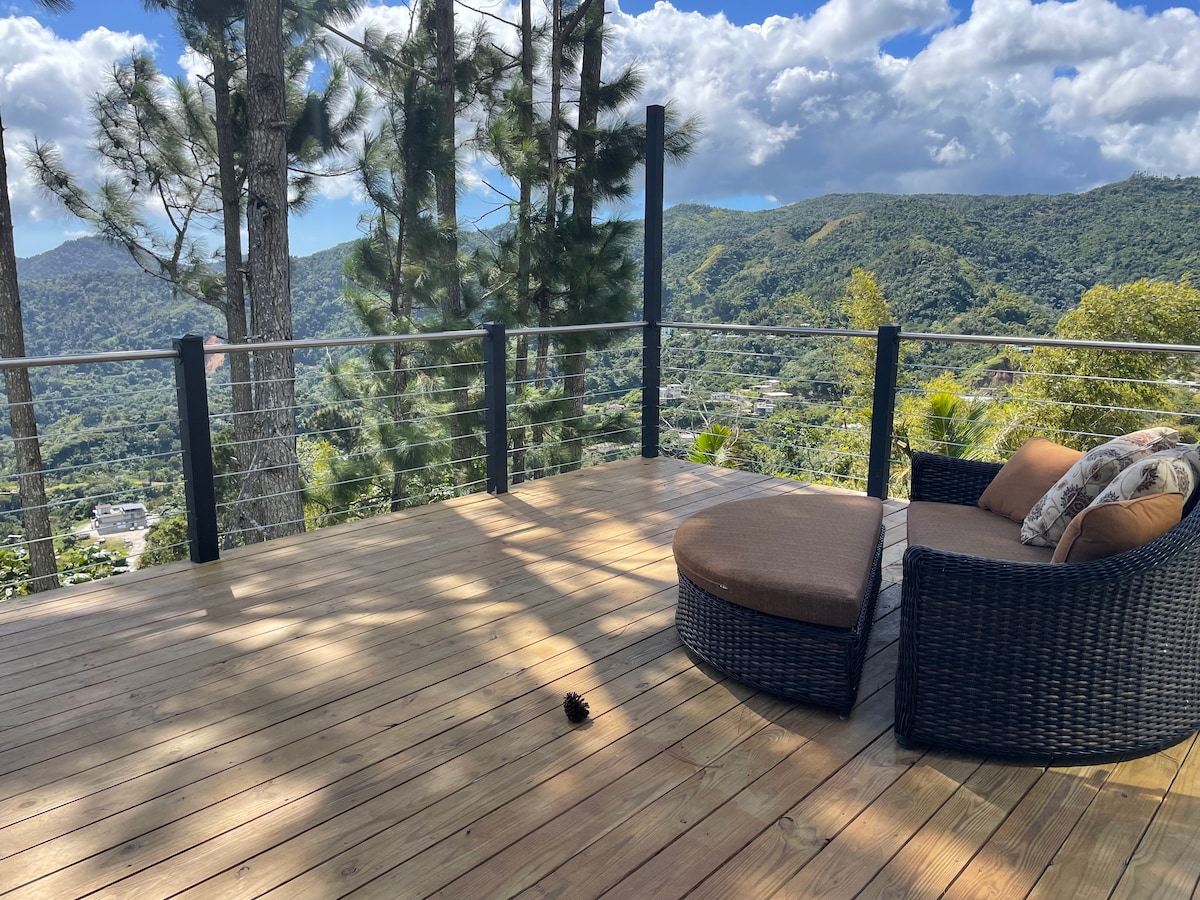 An outdoor deck made of wooden planks is seen, featuring a round, cushioned lounge chair. A panoramic view of lush green mountains and a blue sky with scattered clouds is visible in the background, surrounded by tall pine trees.