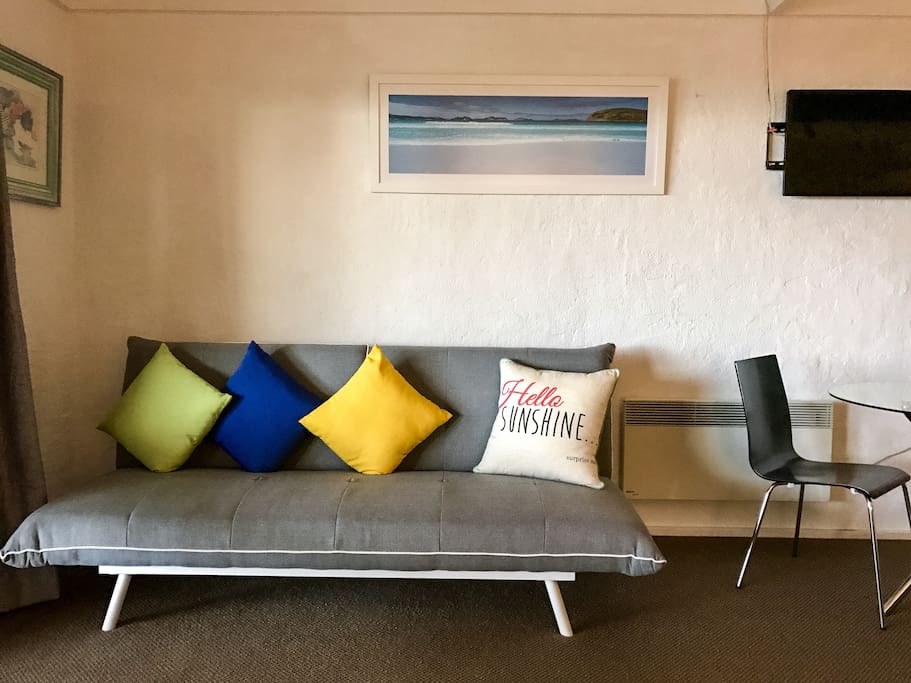 Comfortable sofa that turns into an extra bed.