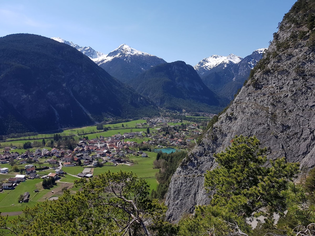 A panoramic view showcases a valley surrounded by mountains, featuring a quaint village with scattered houses. Lush green fields are interspersed with patches of trees, while snow-capped peaks rise in the distance under a clear blue sky.