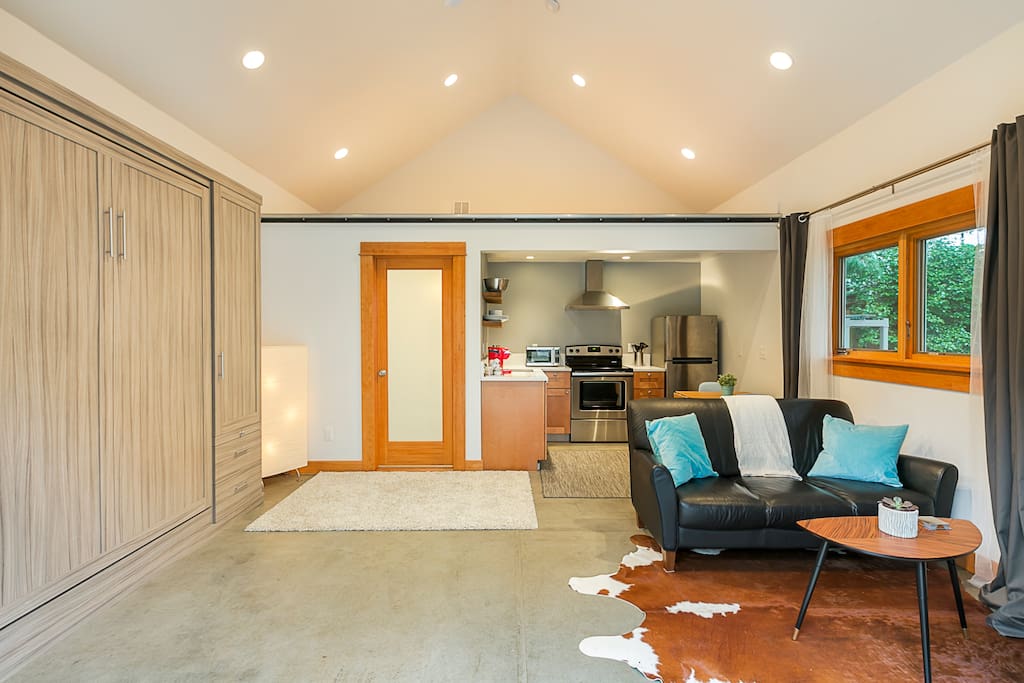 View of the cottage with the murphy bed up.