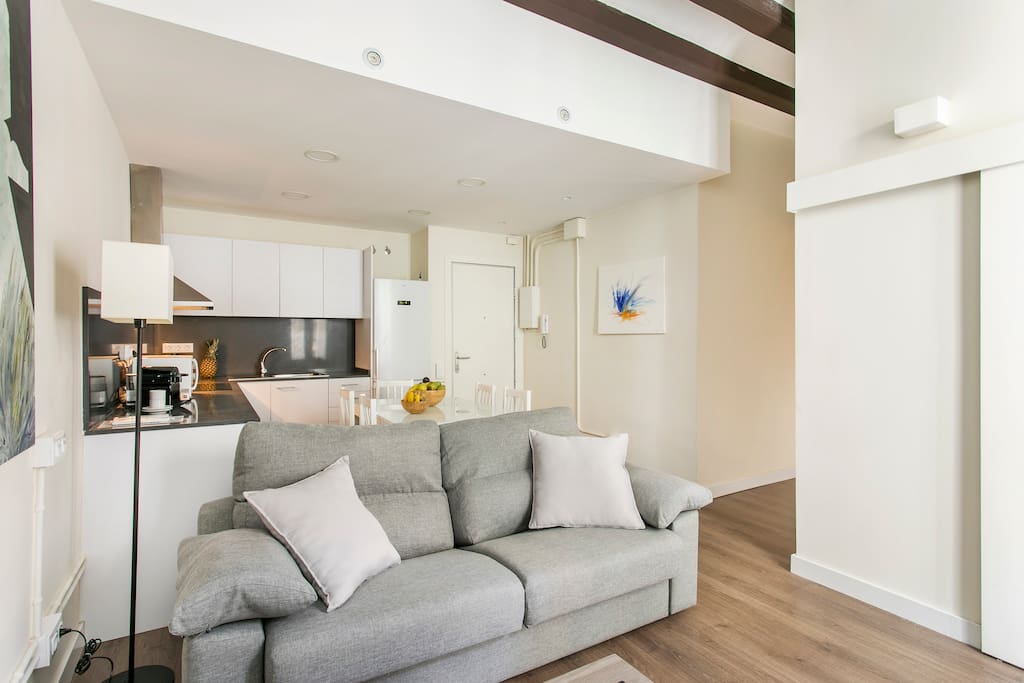 Bright and spacious living room with fully equipped American kitchen and dinning table