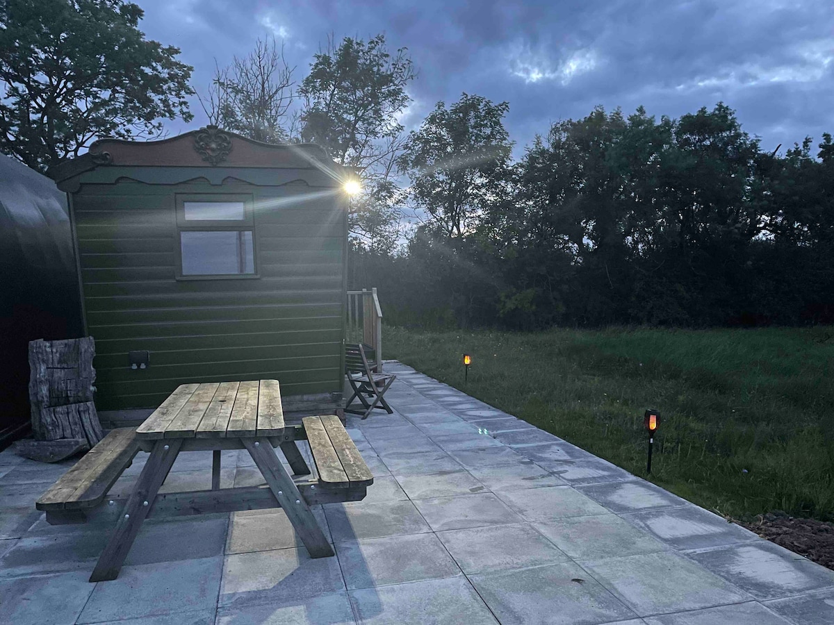A shepherd's hut is positioned on a paved patio area, featuring a wooden picnic table and chair. Surrounding vegetation and trees are visible in the background, with evening sky hues creating a calm atmosphere. Soft outdoor lighting guides the path.