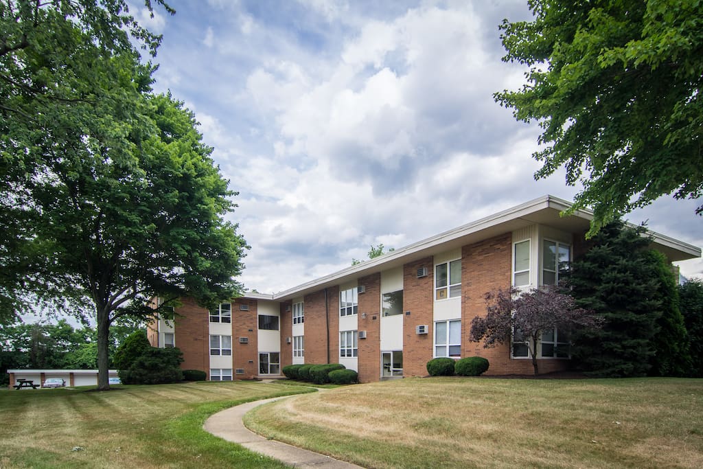 Exterior of the building and courtyard.