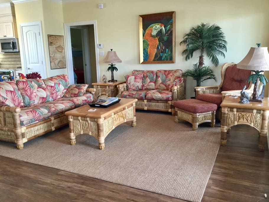 Open concept living area with sat. tv and stereo system.