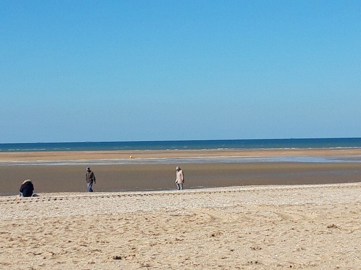 A serene beach scene features a wide expanse of sand bordered by calm waters. Two individuals are seen walking along the shore, with gentle waves visible in the distance under a clear blue sky.
