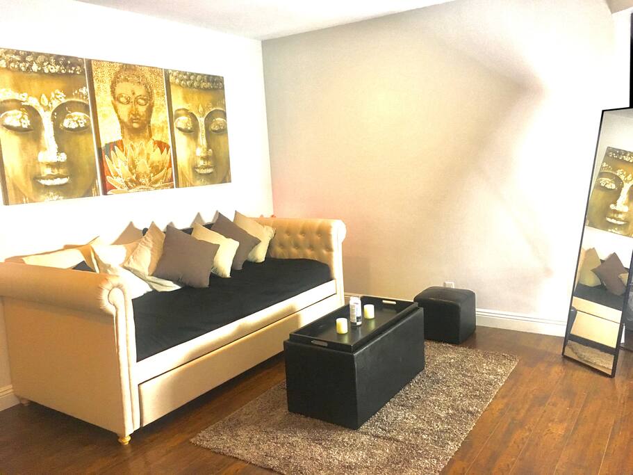 Living-room area. 2 twin mattresses
In this daybed.