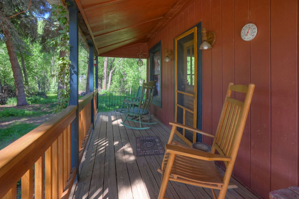 Front porch of Durango Hesperus Colorado vacation rental Cranberry Cottage Riverside Cabin