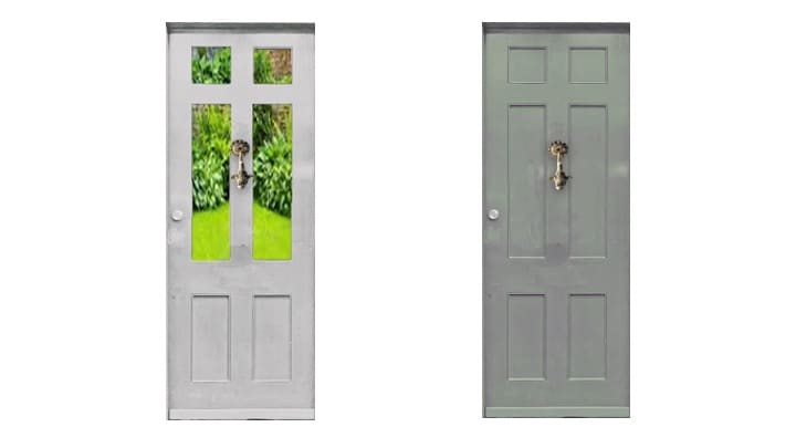 A pair of wooden doors is displayed, featuring a door on the left with four glass panels offering a view of vibrant greenery. The right door is solid and textured, showcasing a decorative knocker and a smooth finish.