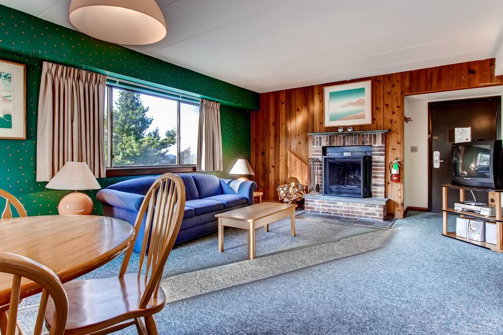 The living room and fireplace