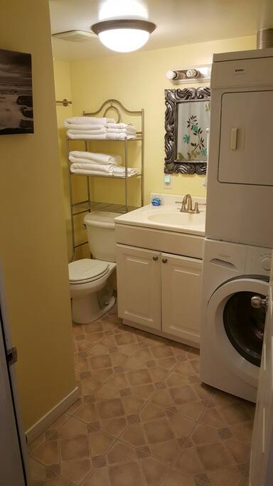 Washer and dryer are available for guest use. Shower is a stand up stall.