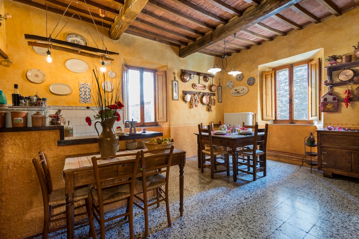 The kitchen features traditional Tuscan furnishings with a rustic charm. A wooden dining table is surrounded by chairs, and sunlight enters through multiple windows, highlighting the warm yellow walls. Decorative plates line the walls, enhancing the inviting atmosphere of the space.