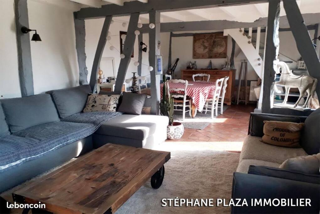 un salon avec canapé lit puis sur le plan arrière une salle à manger