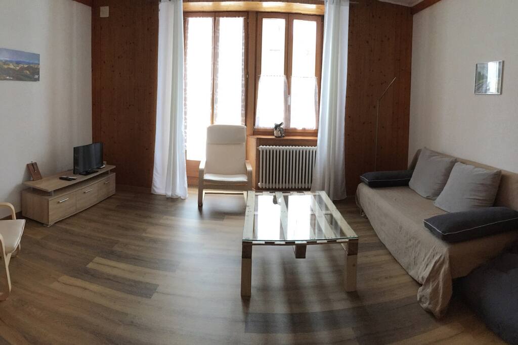 Salon avec TV, canapé-lit, fauteuils et accès au balcon
