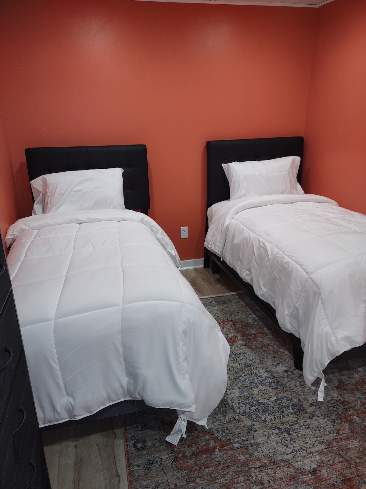 The image displays a room featuring two separate beds with dark headboards, each dressed in white comforters. The walls are painted a warm orange, enhancing the cozy atmosphere. A decorative area rug is visible on the floor, adding texture to the space.
